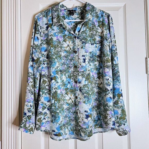 Erika Floral Rayon Button Down Blouse sz L - Picture 1 of 8
